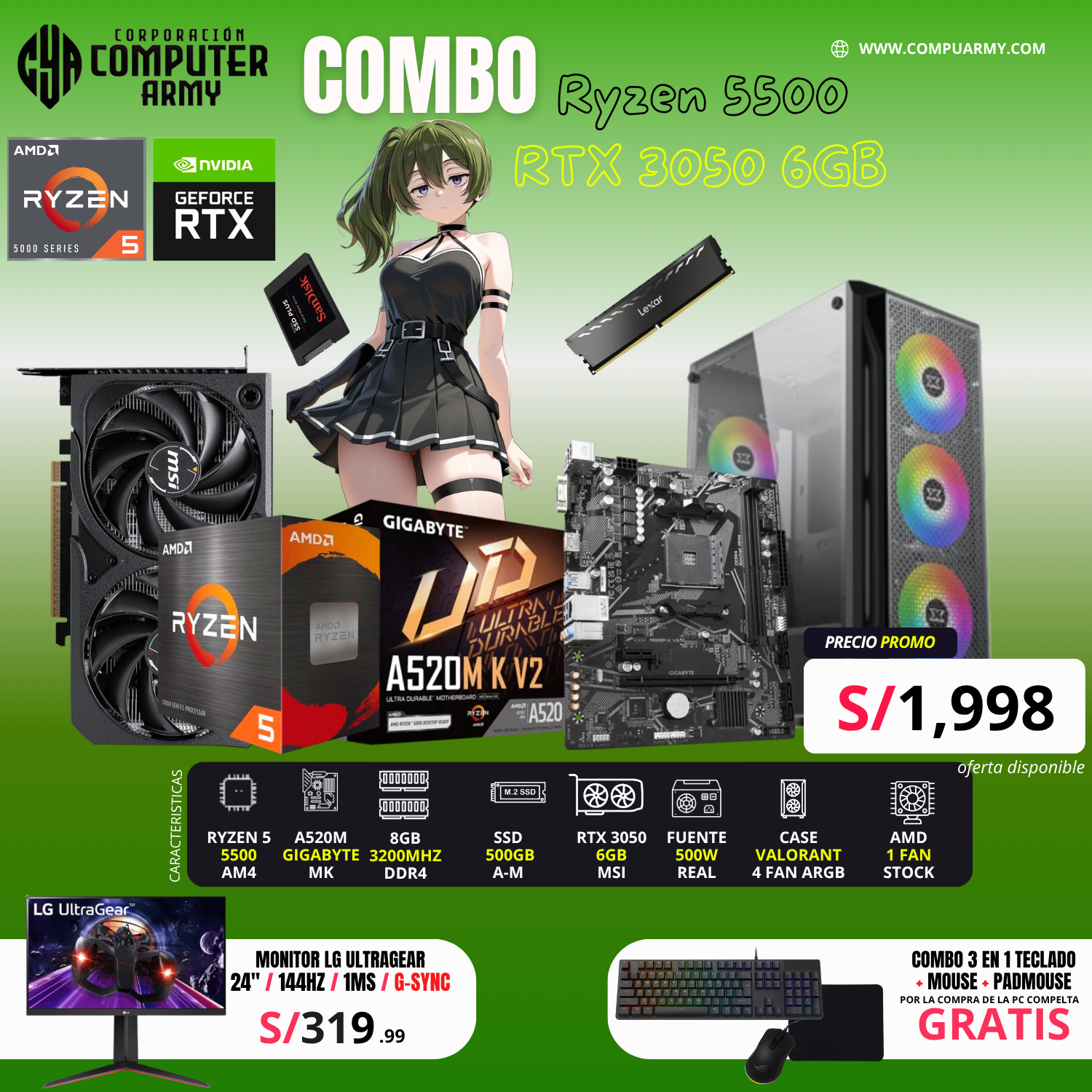 12 COMBO PC RYZEN RYZEN 5 5500 + RTX 3050 6GB ZOTAC OC - Imagen 1