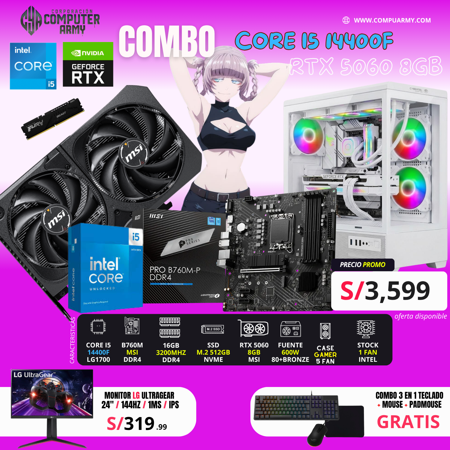 COMBO PC GAMER i5 14400F + RTX 5060 – DDR4 PLUS - Imagen 1