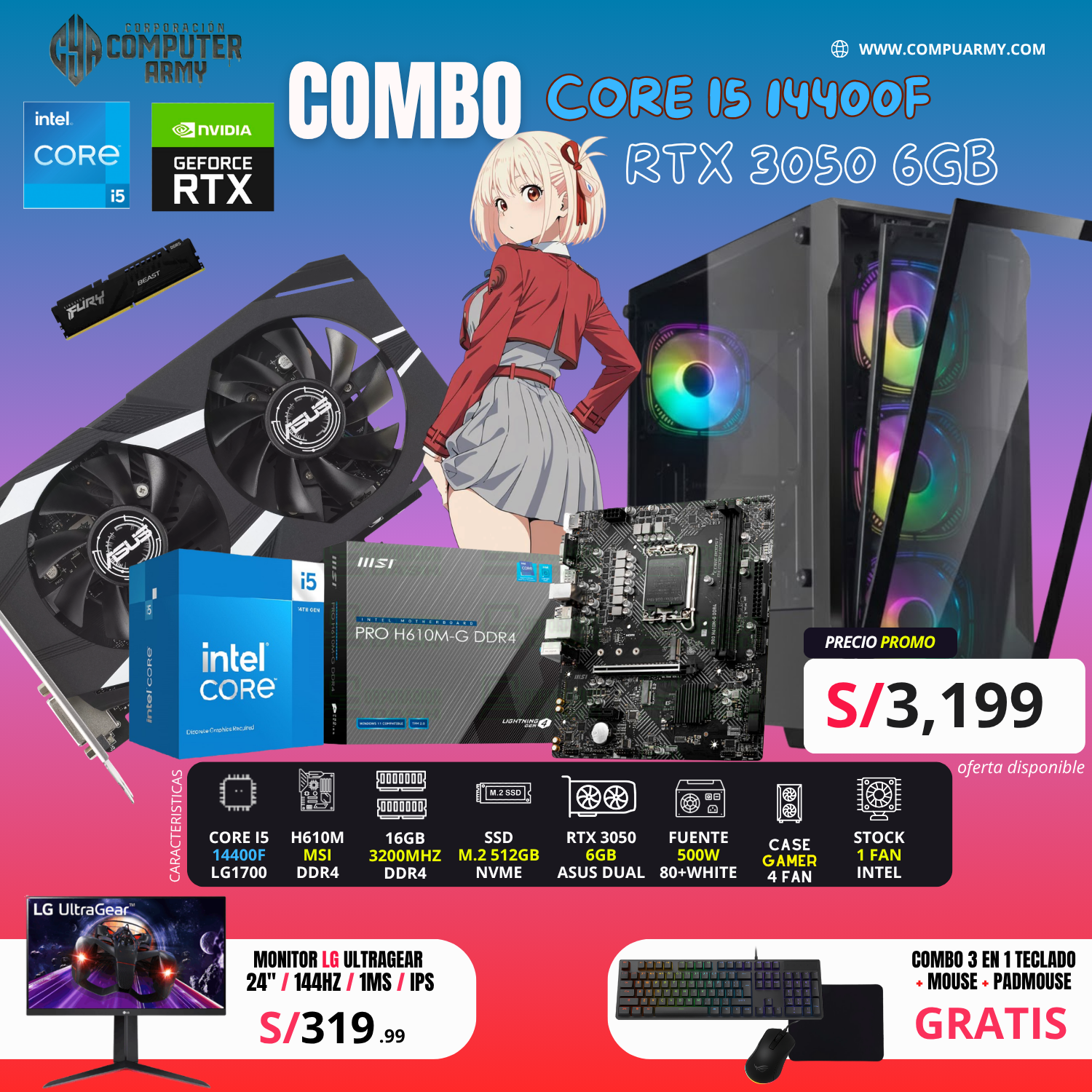 COMBO PC GAMER i5 14400F + RTX 3050 6GB – DDR4 ENTRY - Imagen 1