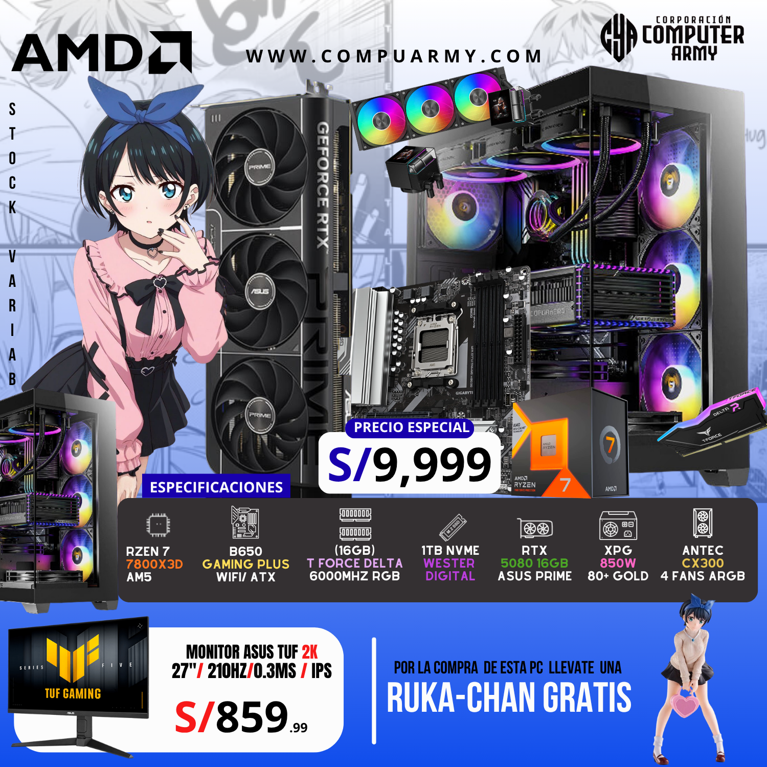 4 PC WAIFU RUKA - RYZEN 7 7800X3D + RTX 5070 12GB - Imagen 1