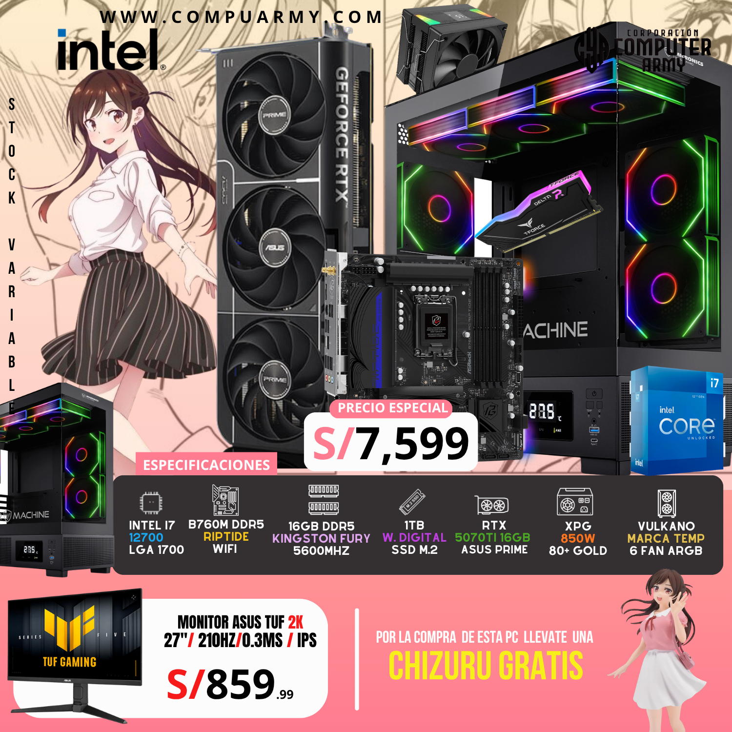 5 PC WAIFU CHIZURU - INTEL I7 12700 + RTX 5070TI 16GB - Imagen 1