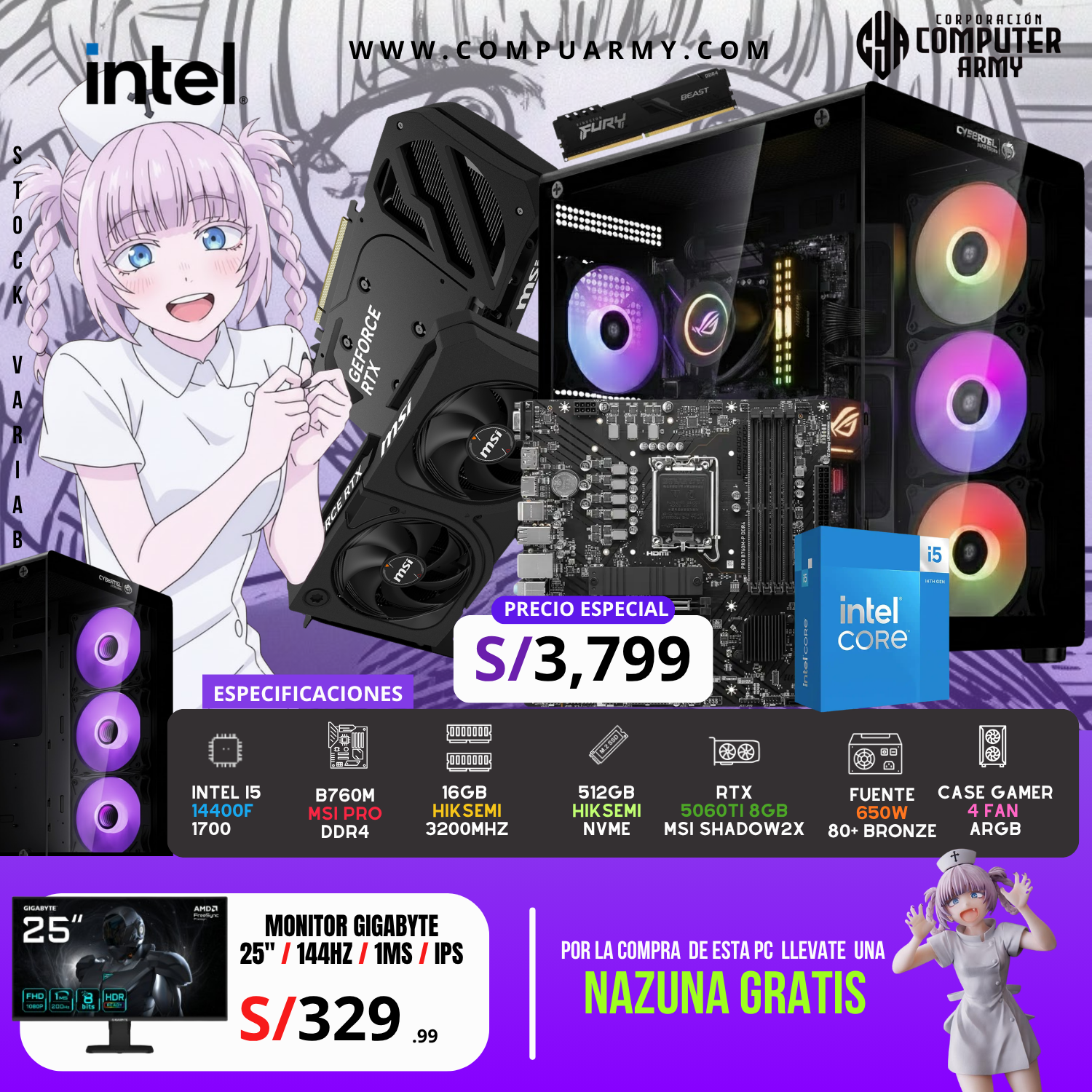 5090 (3) PC WAIFU NAZUNA - INTEL I5 14400F + RTX 5060TI 8GB - Imagen 1