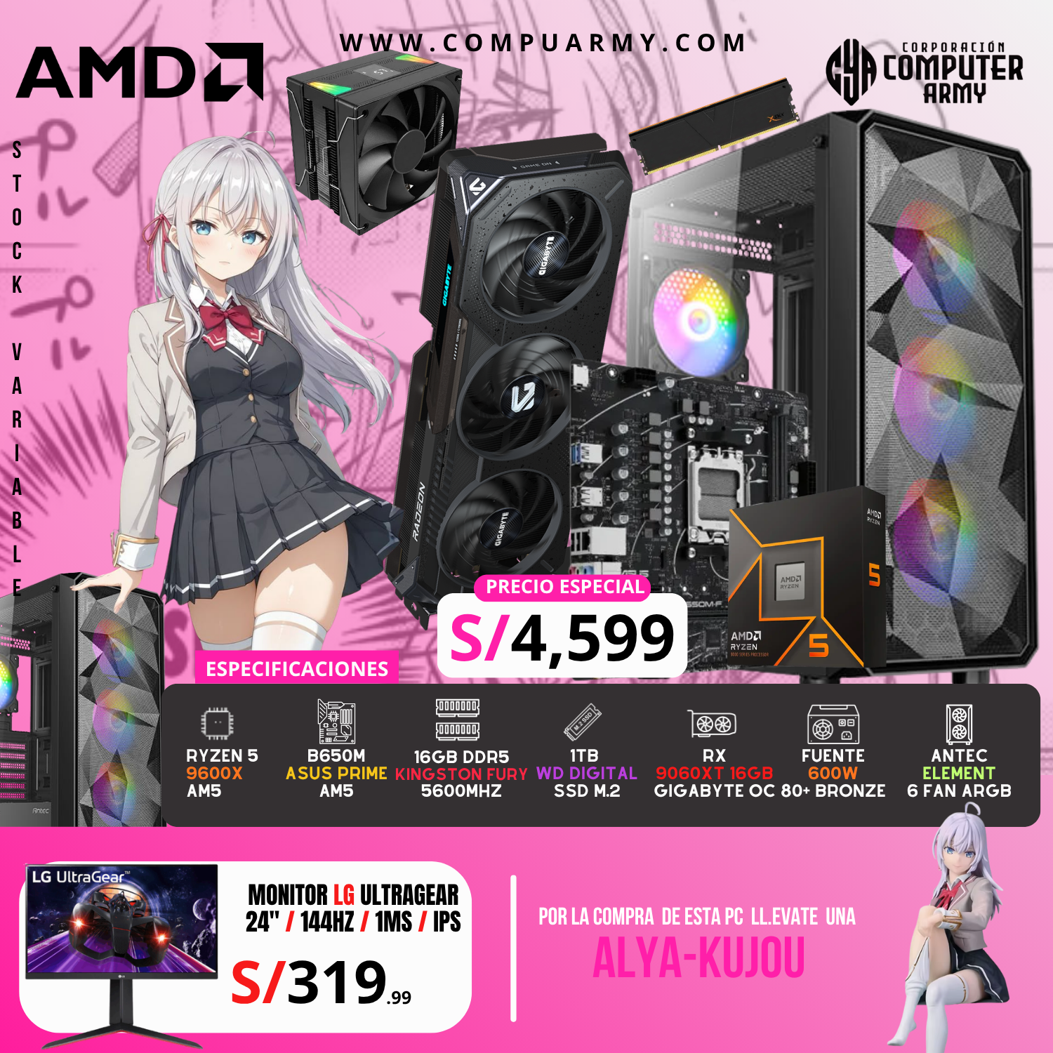 INTEL I5 12400F LGA 1700 (10) PC WAIFU ALYA - RYZEN 5 9600X +RX 9060XT 16GB - Imagen 1