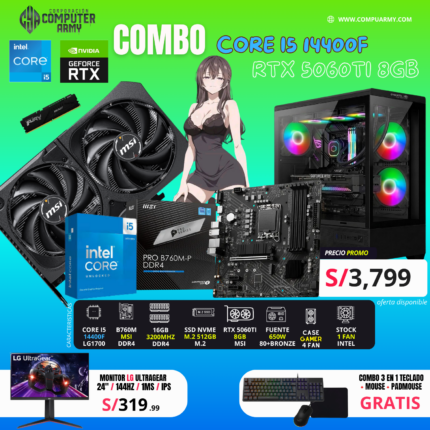 COMBO PC GAMER i5 14400F + RTX 5060TI 8GB – DDR4 ULTRA